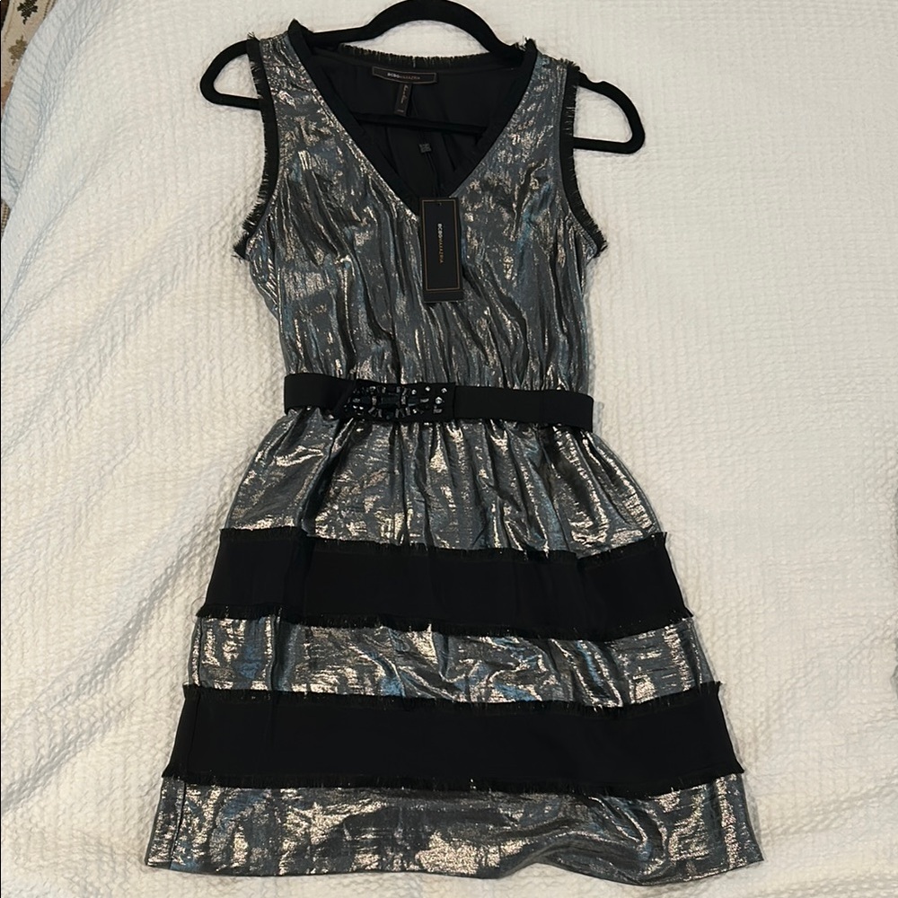 BCBGMaxAzria Black and Silver Sleeveless V-Neck Cocktail Dress